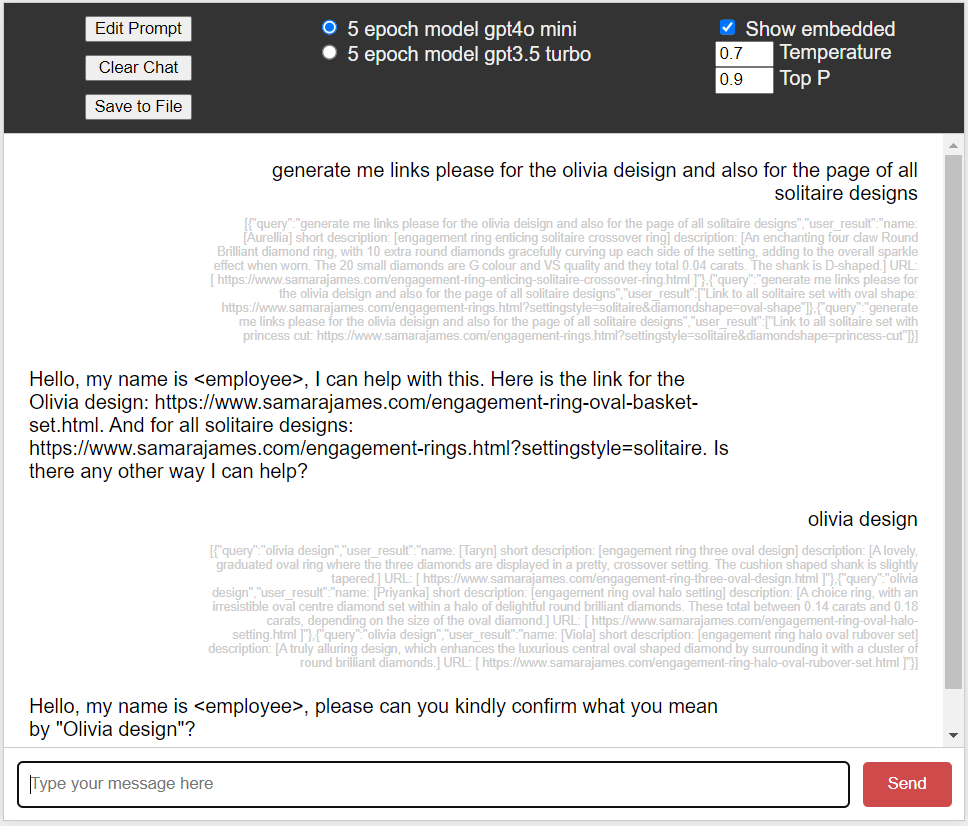 Python testing application with model controls, retrieved context and a conversation